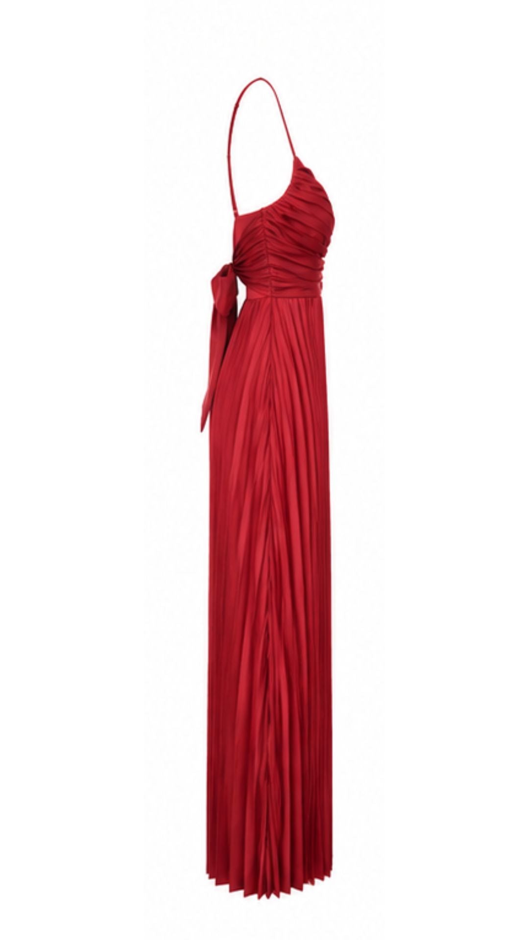 Elegant Pleated Maxi Dress with Bow Detail – Red