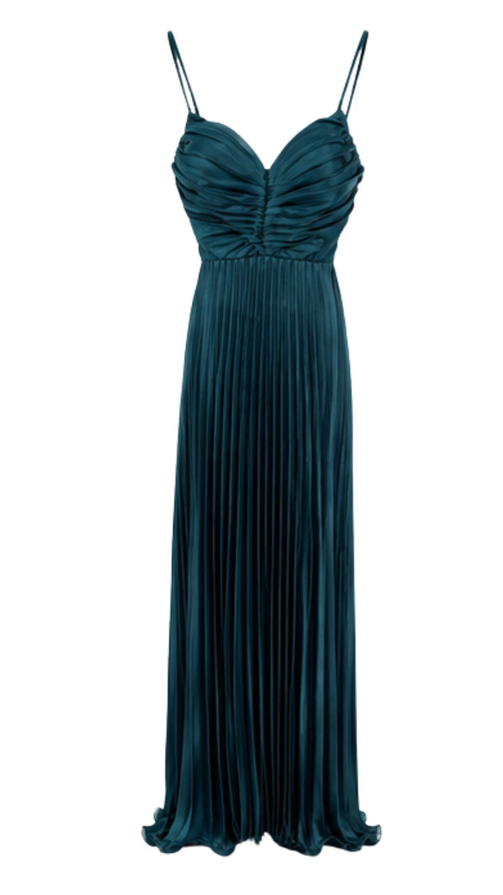 Petrol Blue Pleated Maxi Dress with Ruched Bust