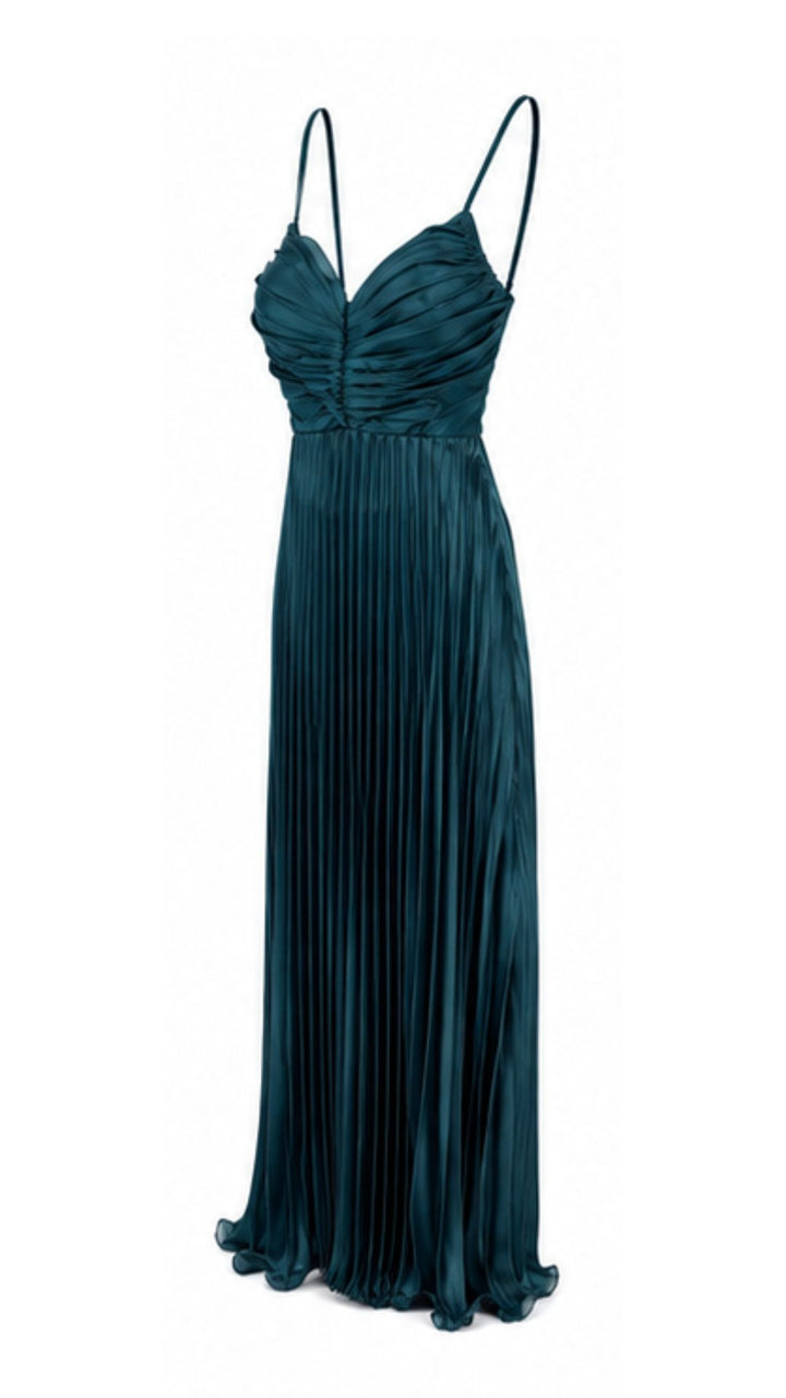 Petrol Blue Pleated Maxi Dress with Ruched Bust