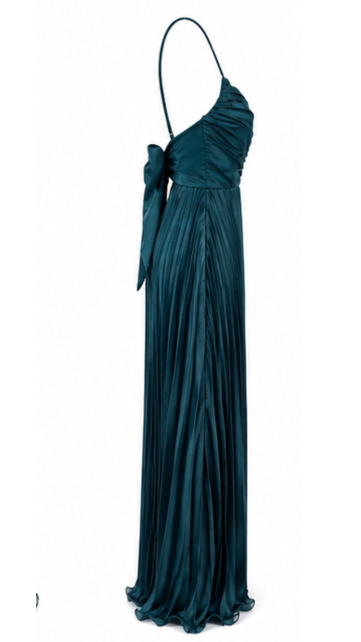 Petrol Blue Pleated Maxi Dress with Ruched Bust