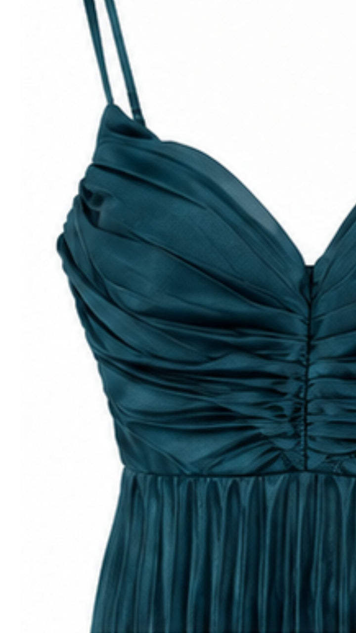 Petrol Blue Pleated Maxi Dress with Ruched Bust