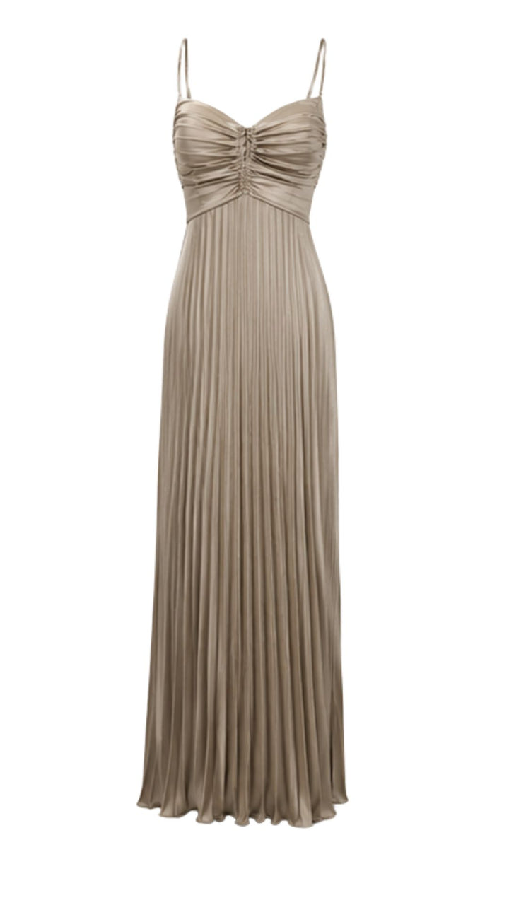 Champagne Pleated Maxi Dress with Ruched Bust