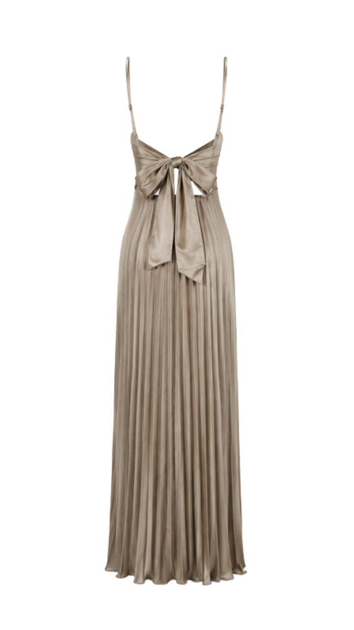 Champagne Pleated Maxi Dress with Ruched Bust