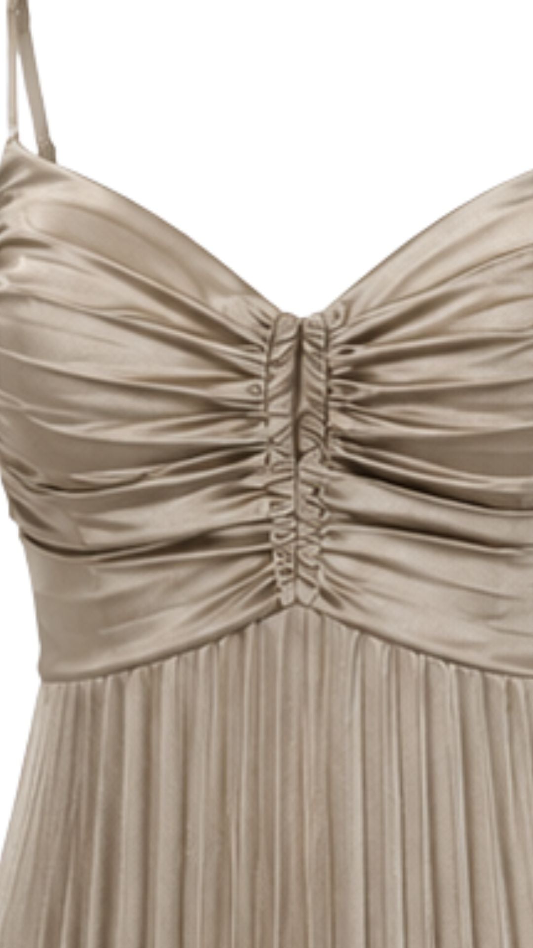 Champagne Pleated Maxi Dress with Ruched Bust