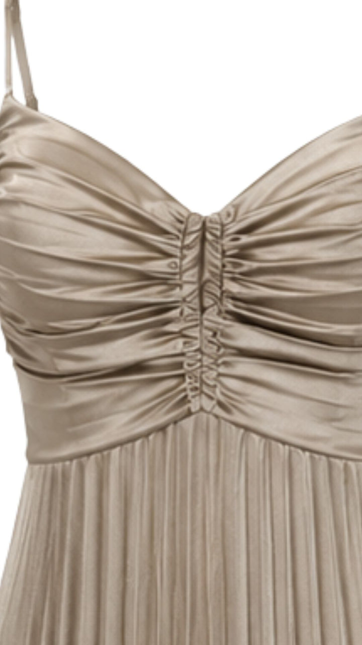 Champagne Pleated Maxi Dress with Ruched Bust