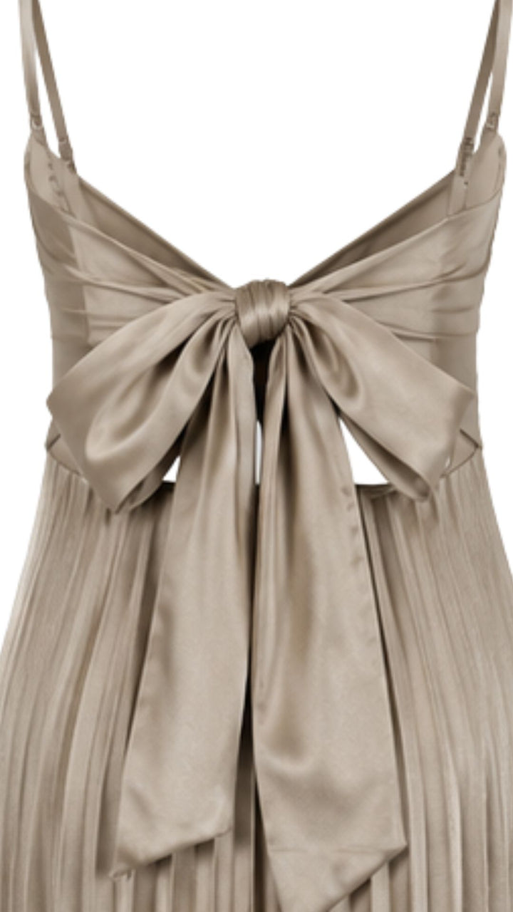 Champagne Pleated Maxi Dress with Ruched Bust