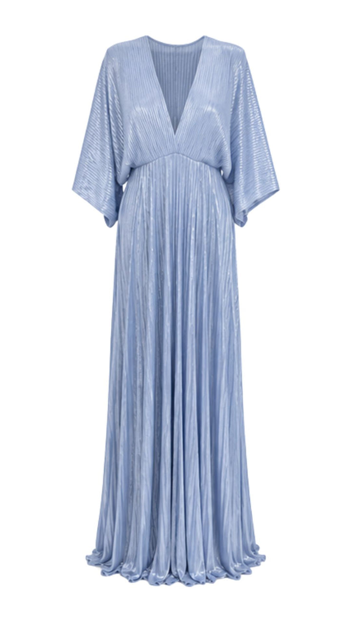 Celeste Powder Blue Metallic Pleated Maxi Dress