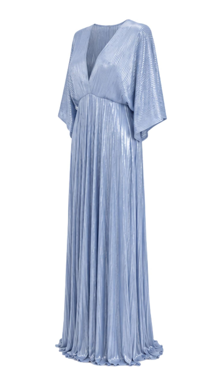 Celeste Powder Blue Metallic Pleated Maxi Dress