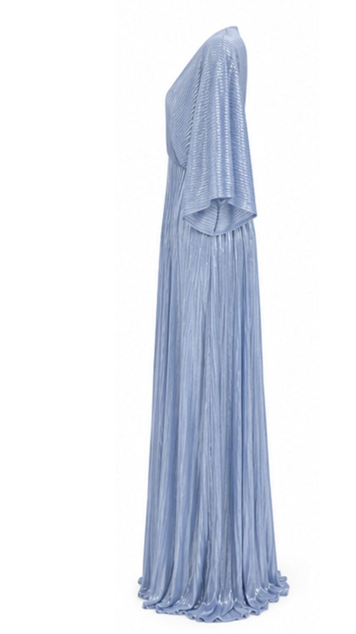 Celeste Powder Blue Metallic Pleated Maxi Dress