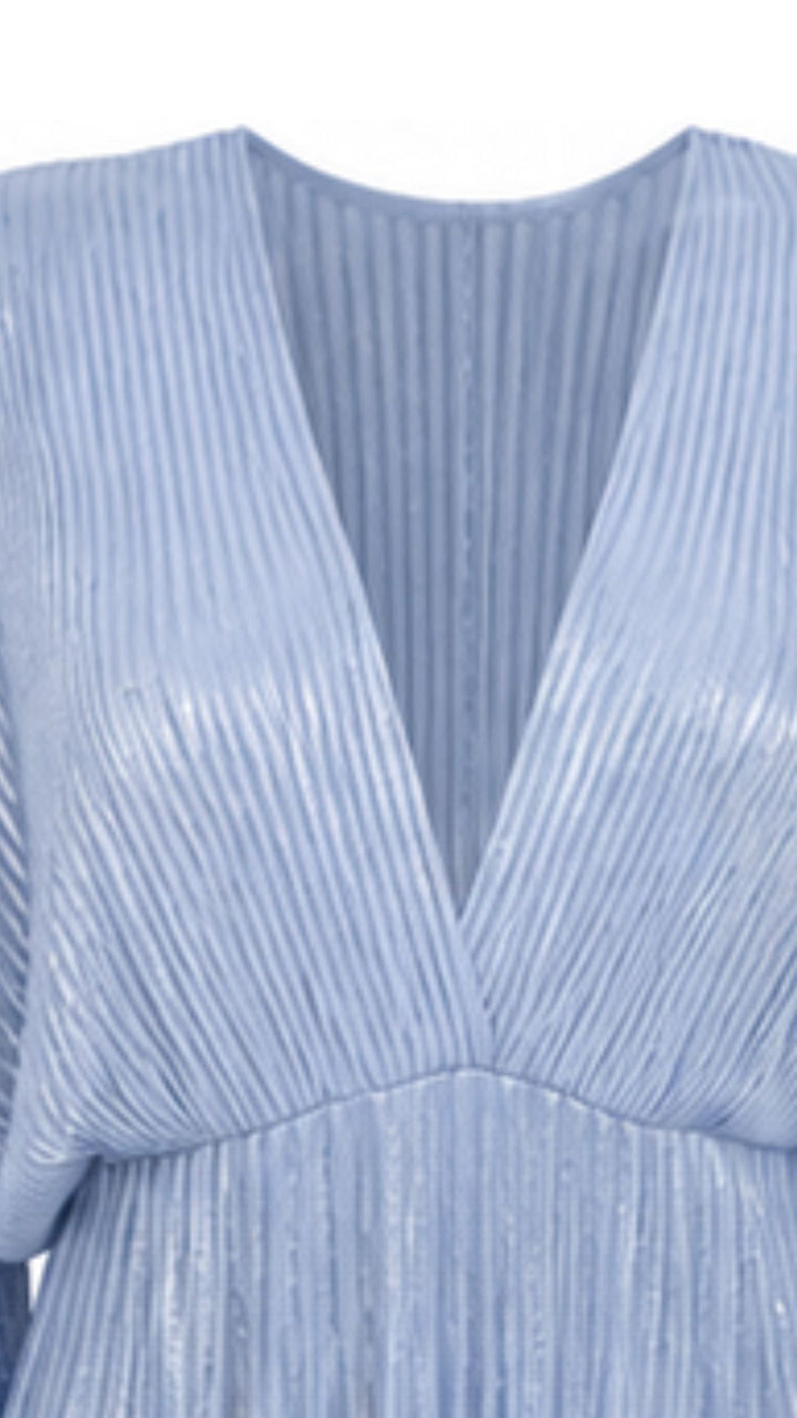 Celeste Powder Blue Metallic Pleated Maxi Dress