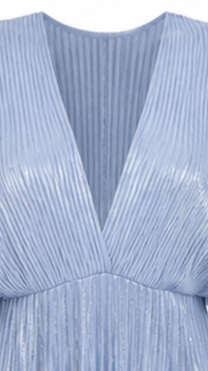 Celeste Powder Blue Metallic Pleated Maxi Dress