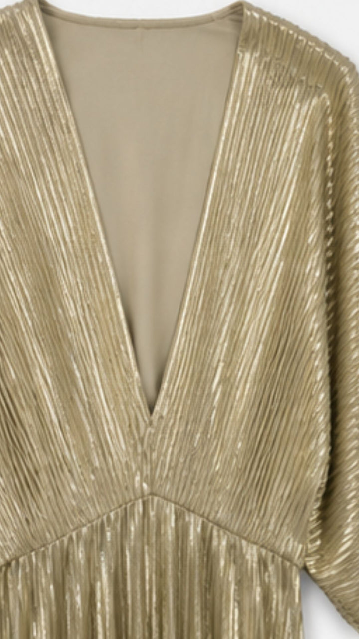 Gold Metallic Pleated Maxi Dress
