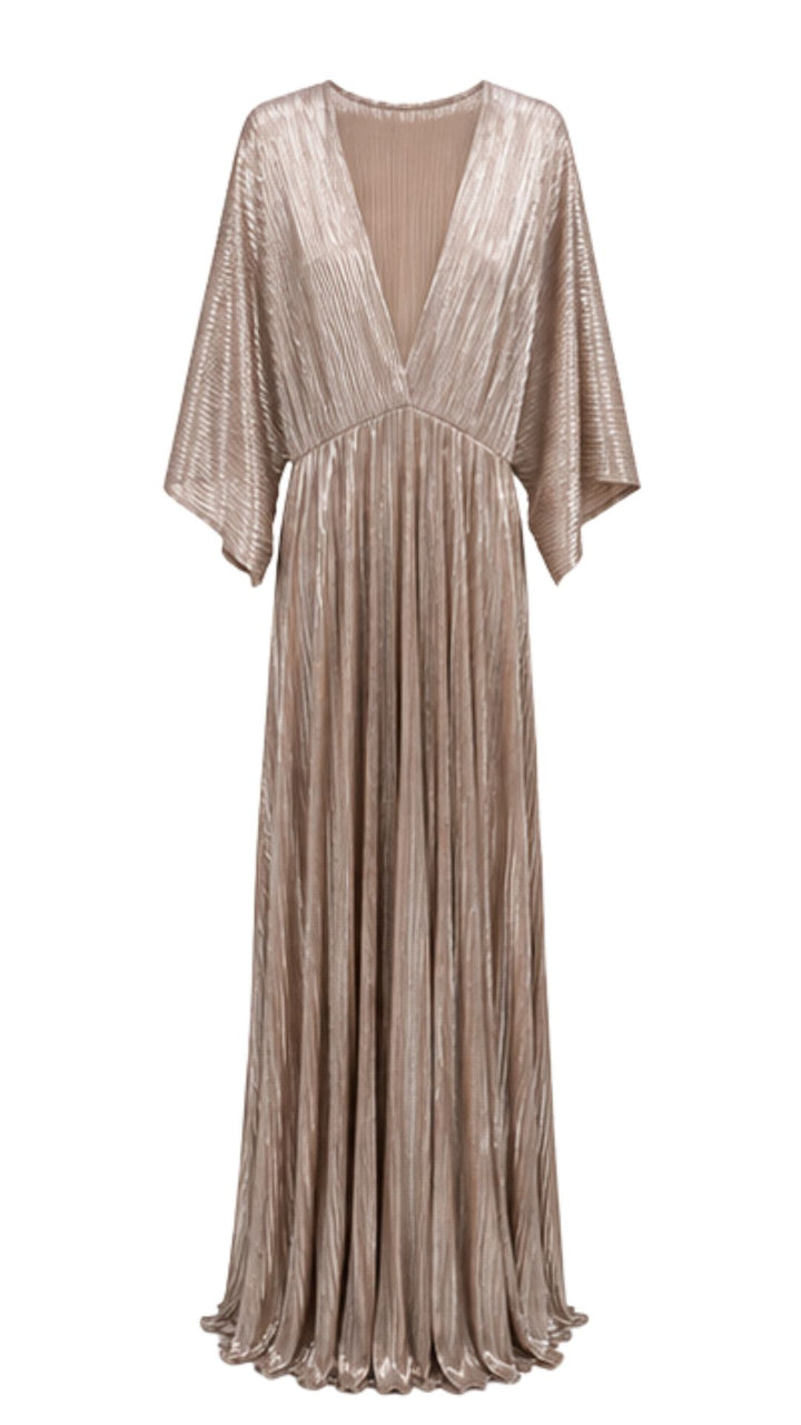 Champagne Metallic Pleated Maxi Dress