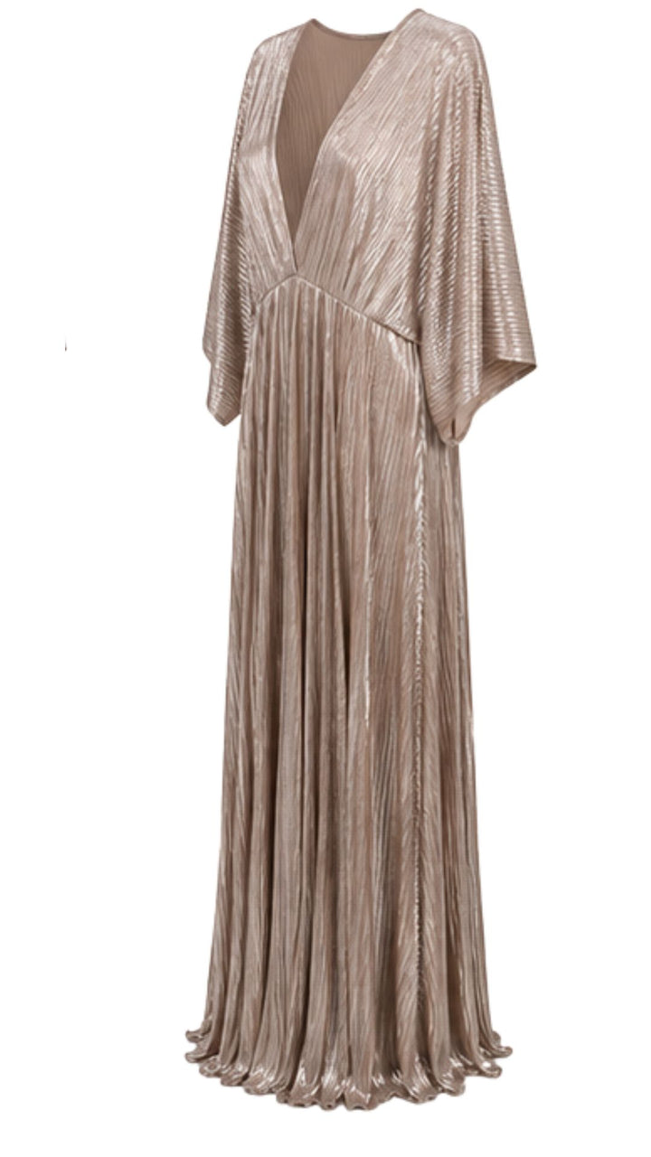 Champagne Metallic Pleated Maxi Dress
