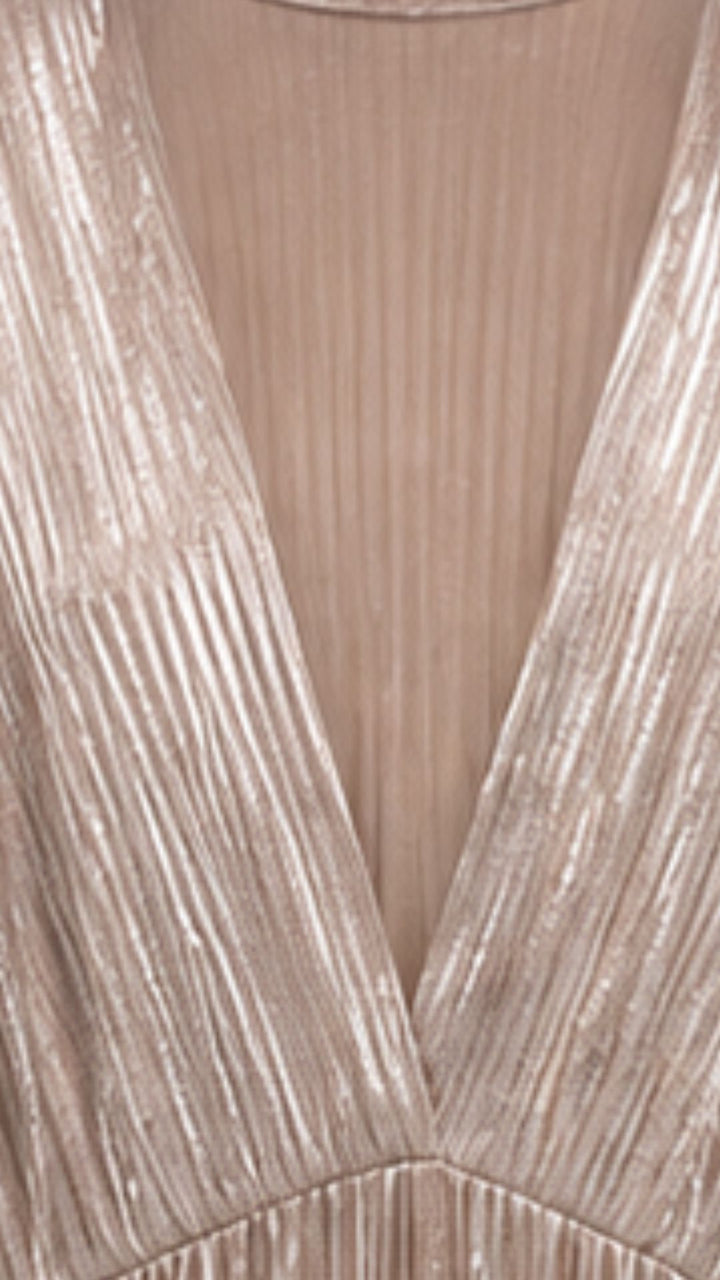 Champagne Metallic Pleated Maxi Dress