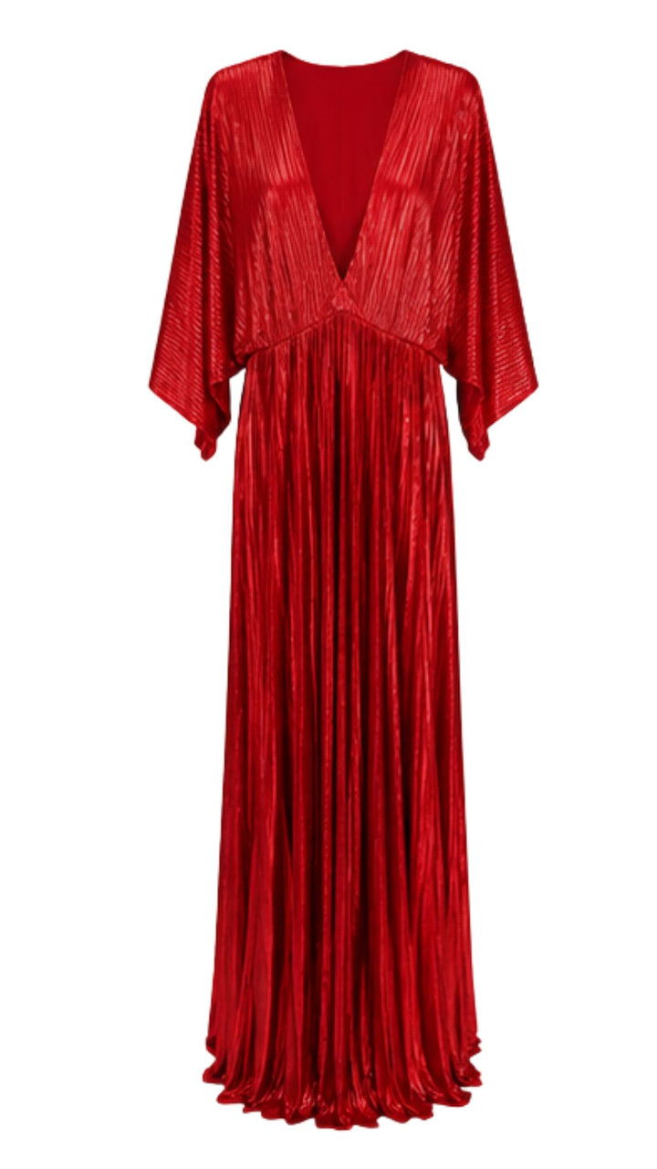 Red Metallic Pleated Maxi Dress