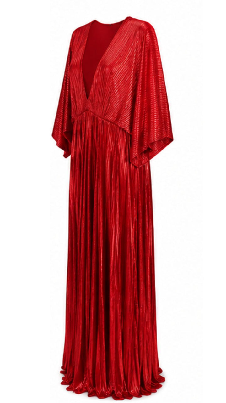 Red Metallic Pleated Maxi Dress