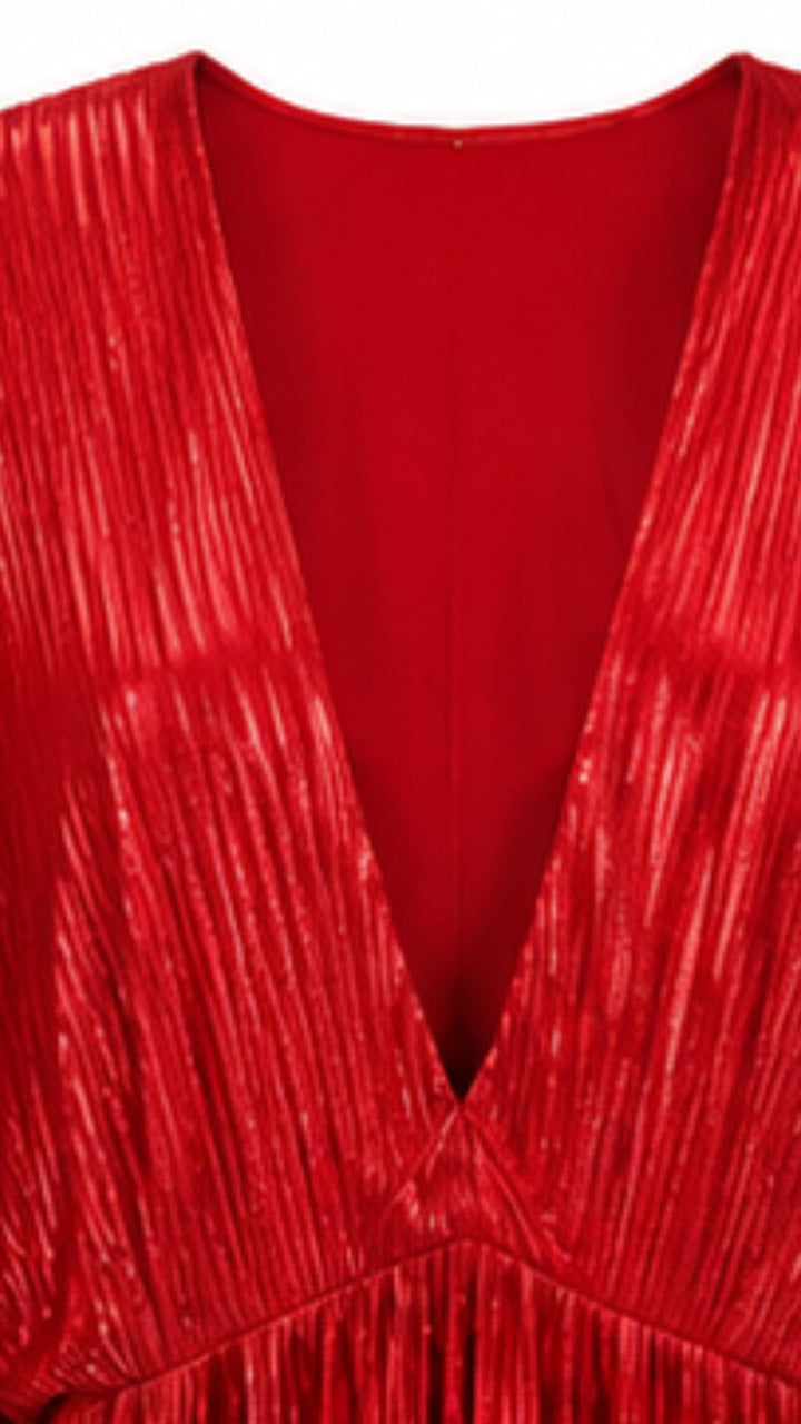 Red Metallic Pleated Maxi Dress
