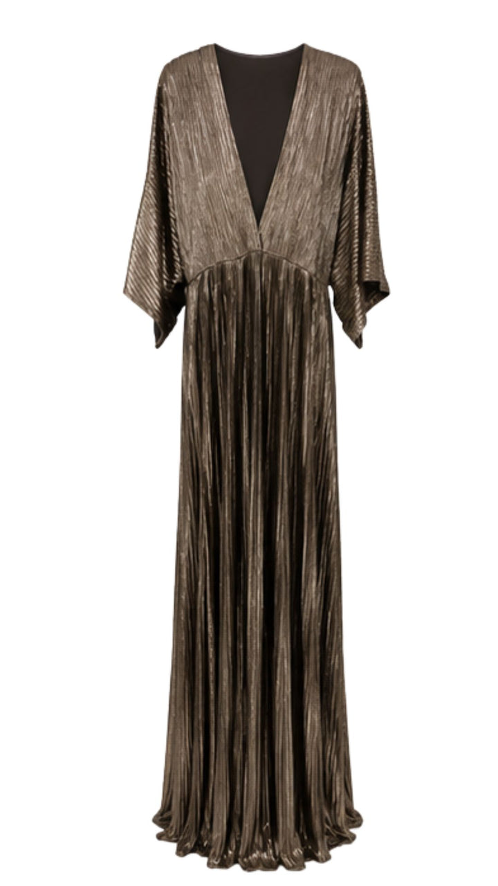 Celeste Bronze Metallic Pleated Maxi Dress