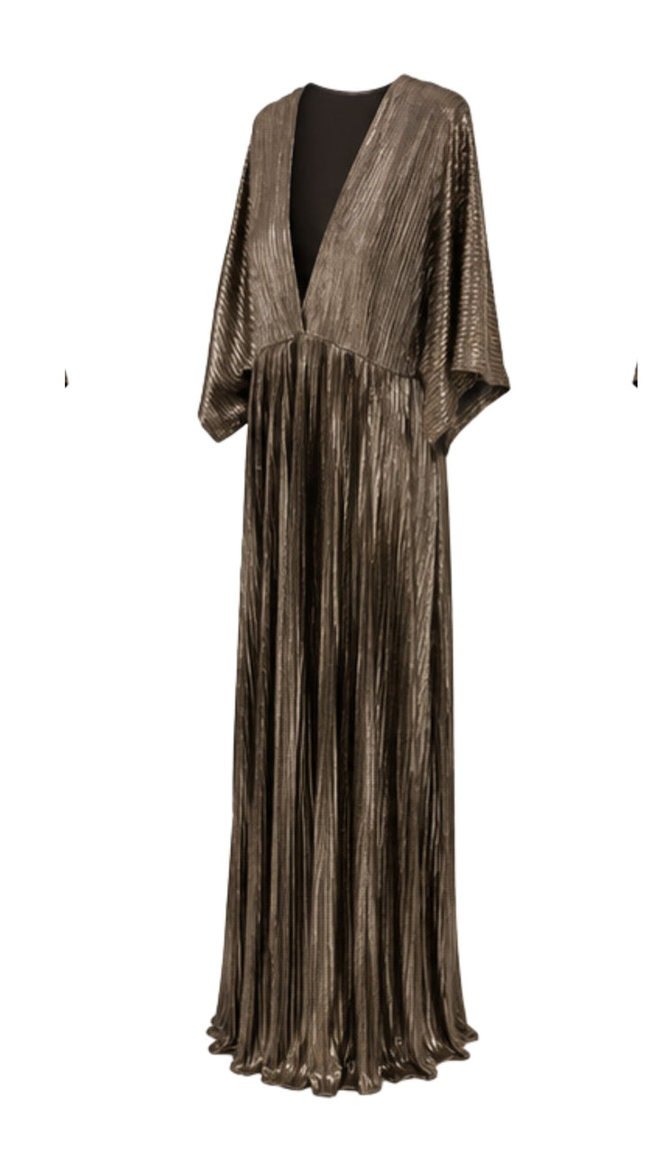 Celeste Bronze Metallic Pleated Maxi Dress