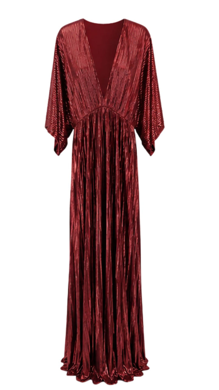 Celeste Burgundy Metallic Pleated Maxi Dress
