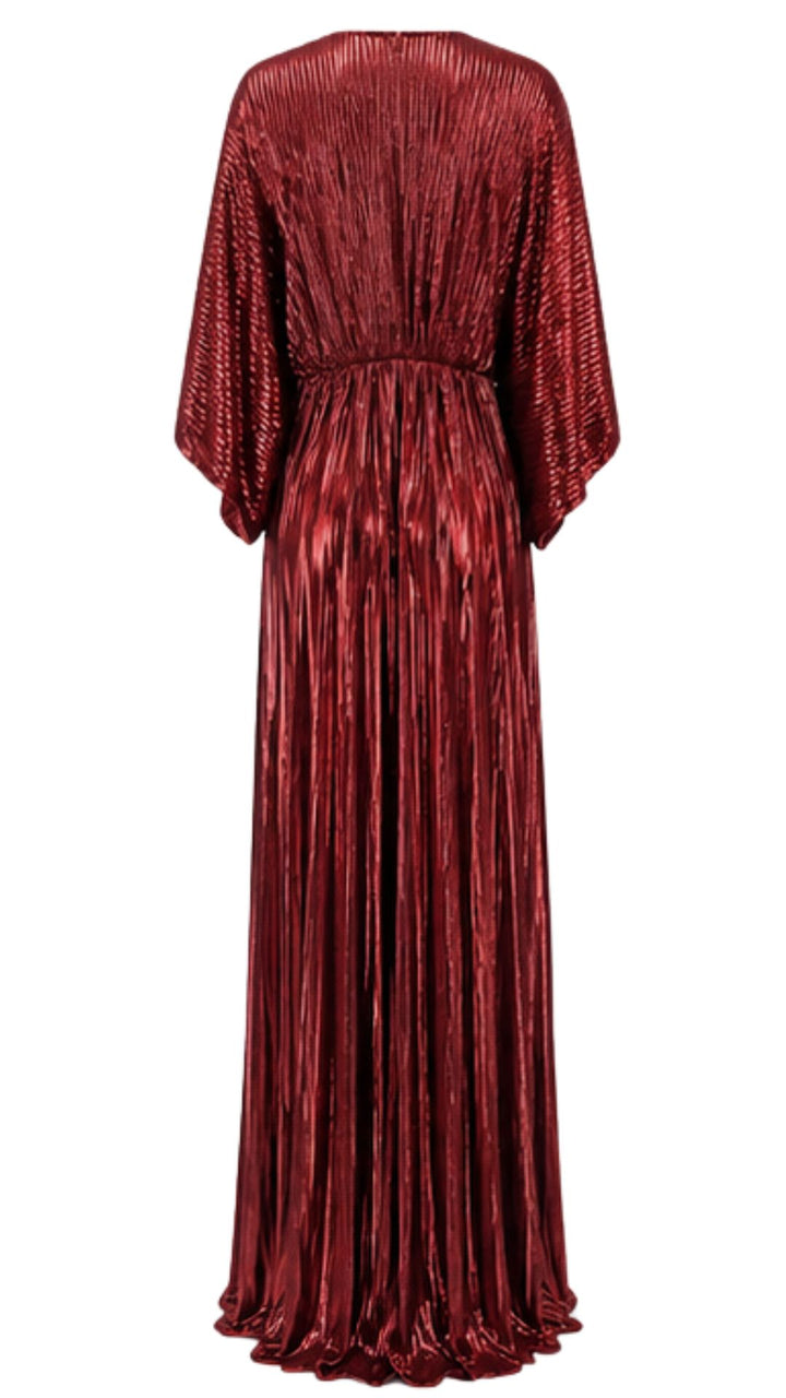 Celeste Burgundy Metallic Pleated Maxi Dress