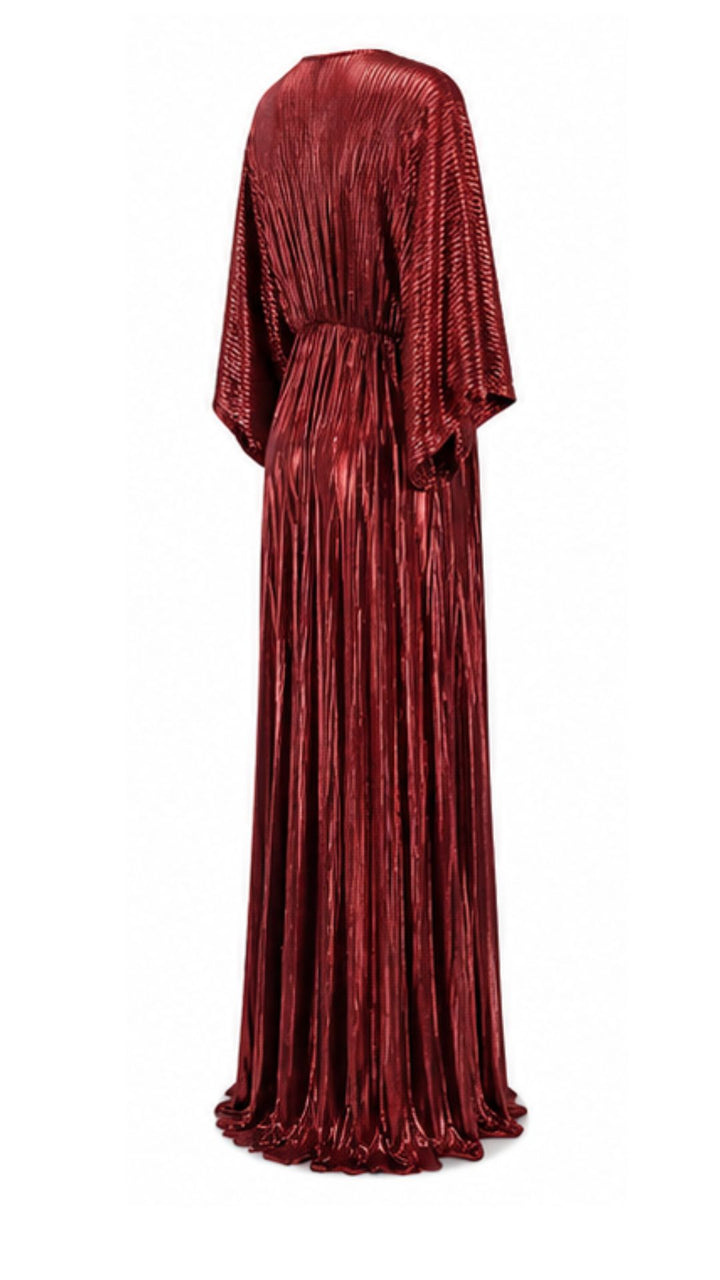 Celeste Burgundy Metallic Pleated Maxi Dress