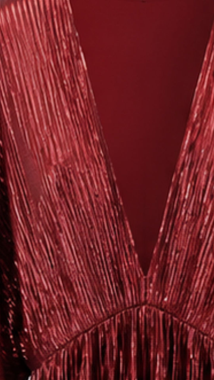 Celeste Burgundy Metallic Pleated Maxi Dress