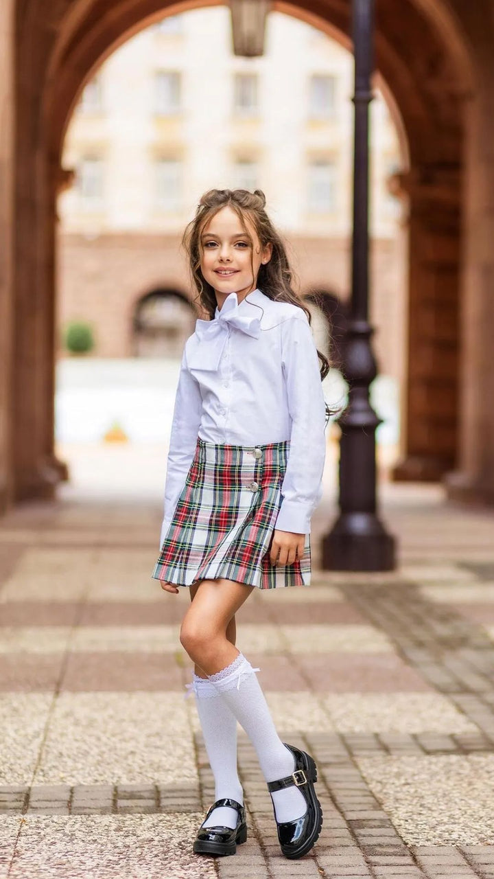 Girls’ White Checked Skirt with Gold Buttons