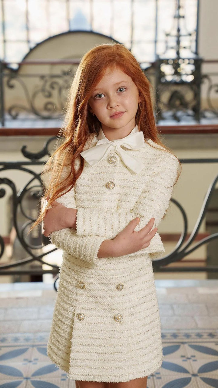 Girls’ Elegant Bouclé A-Line Skirt with Pearl Buttons