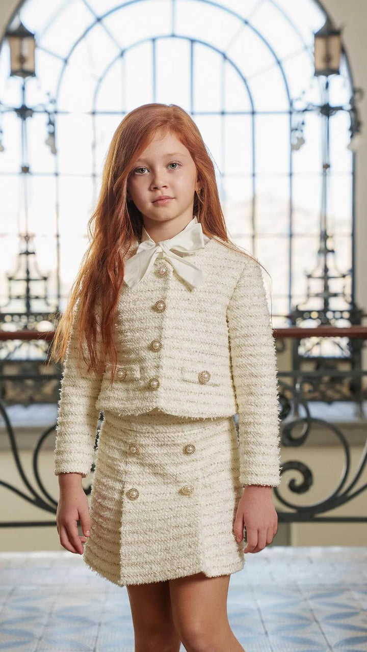 Girls’ Elegant Bouclé A-Line Skirt with Pearl Buttons
