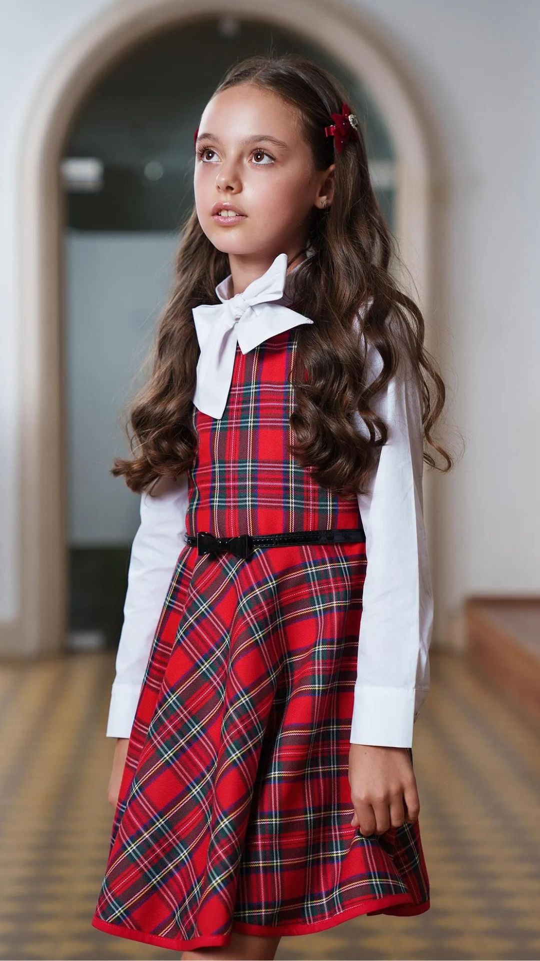 Girls’ Red Checked Dress with Belt