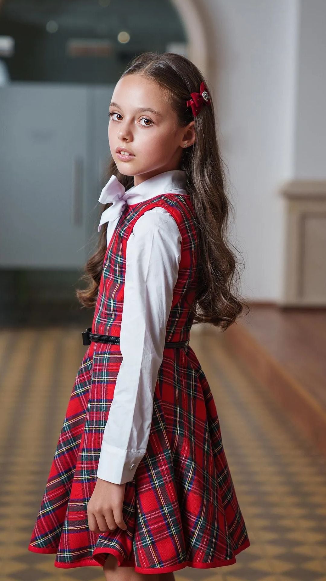 Girls’ Red Checked Dress with Belt