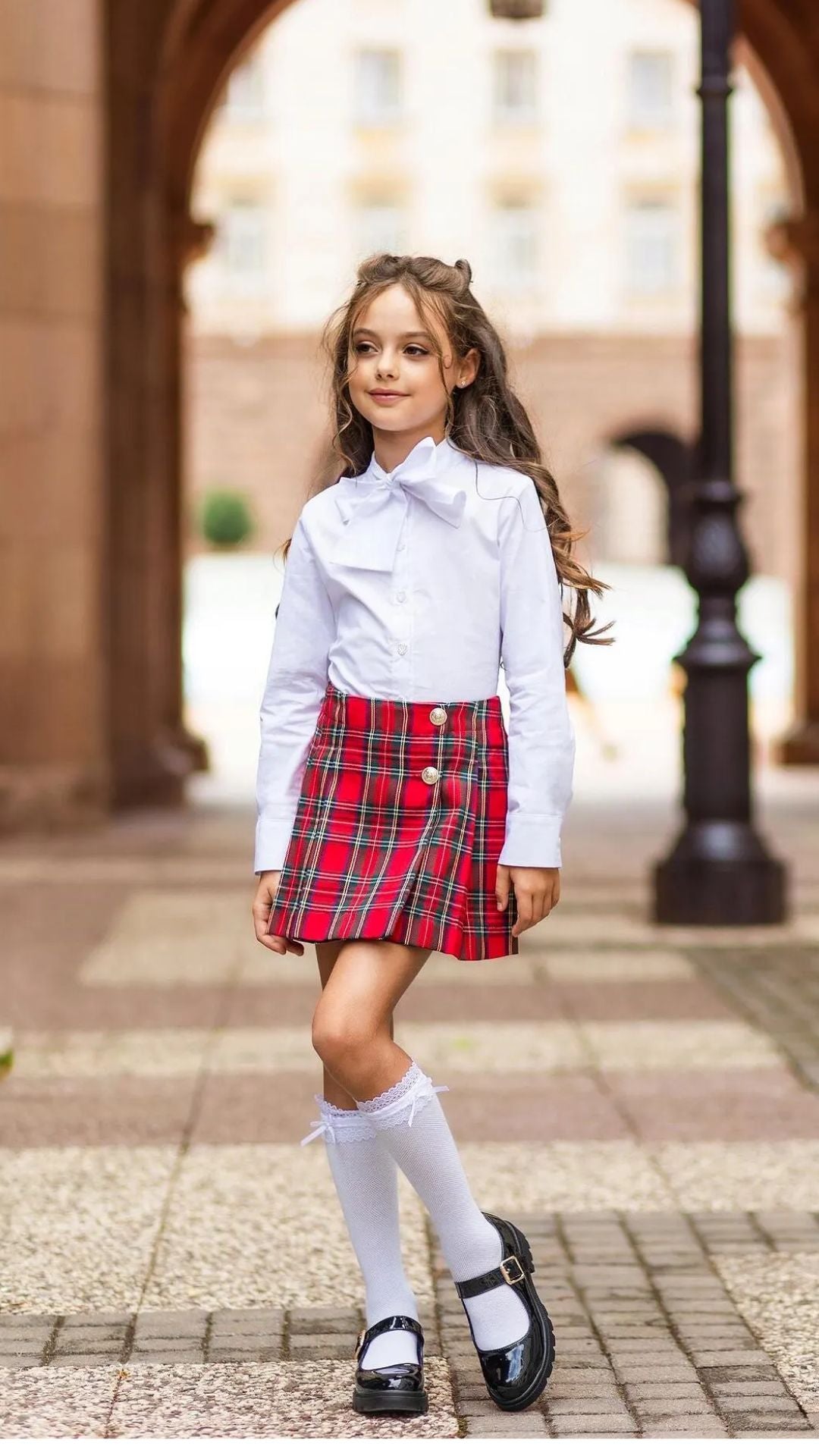 Girls’ Red Checked Skirt with Gold Buttons