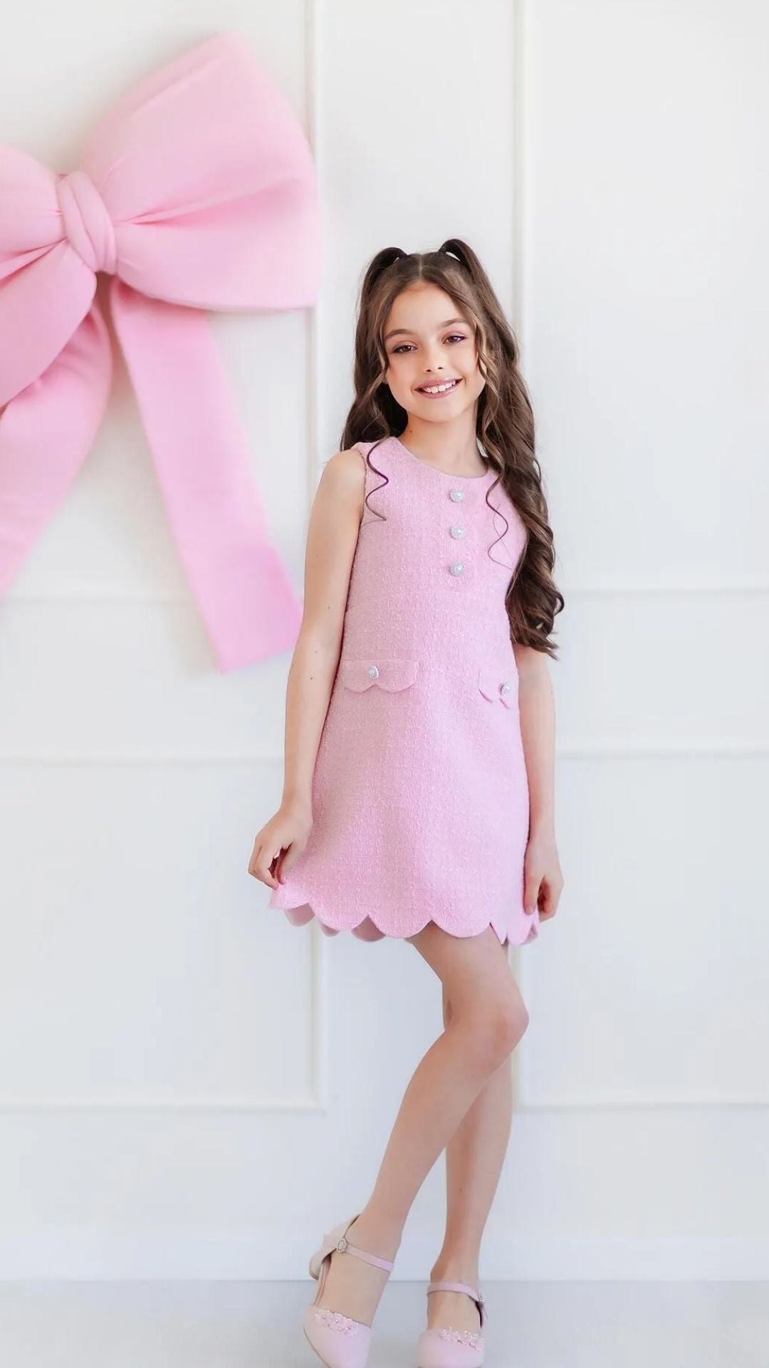 Girls’ Elegant Pink Bouclé Dress