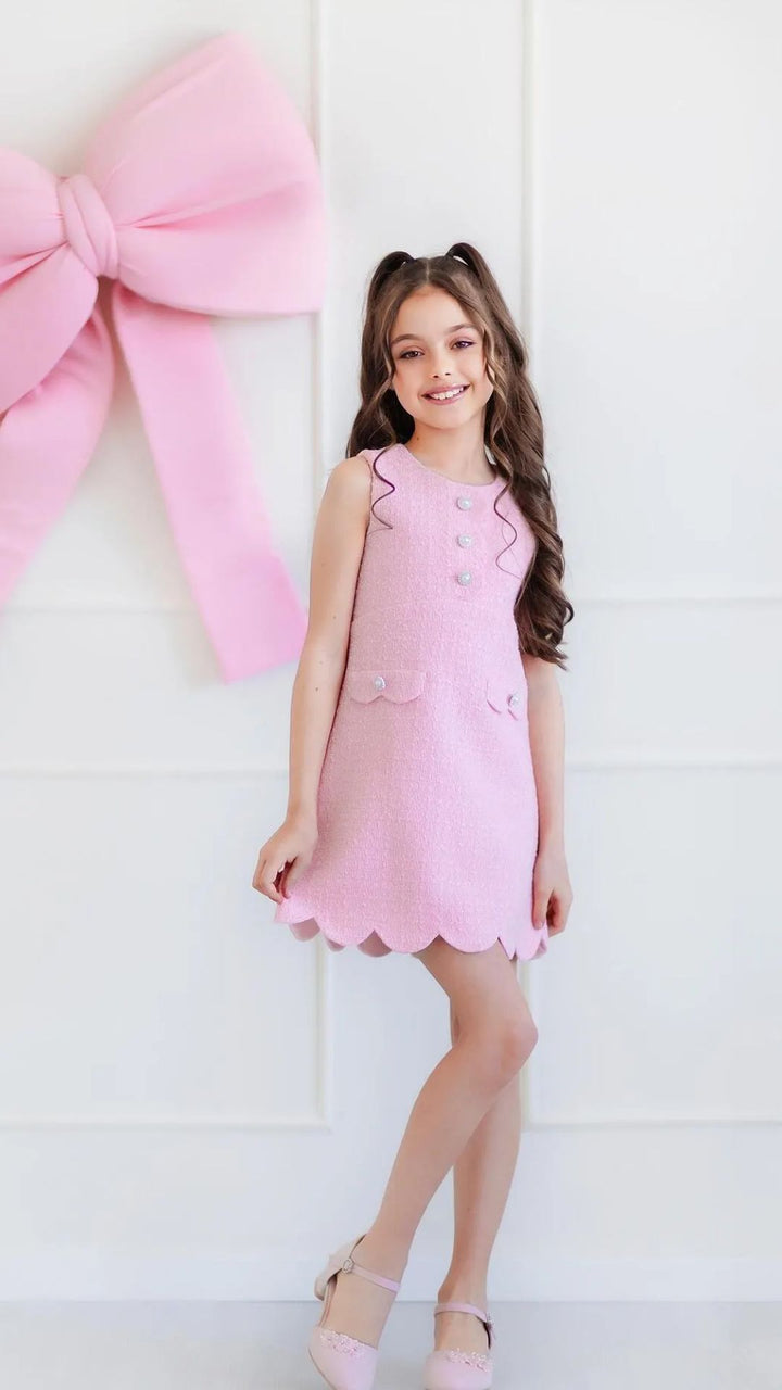 Girls’ Elegant Pink Bouclé Dress