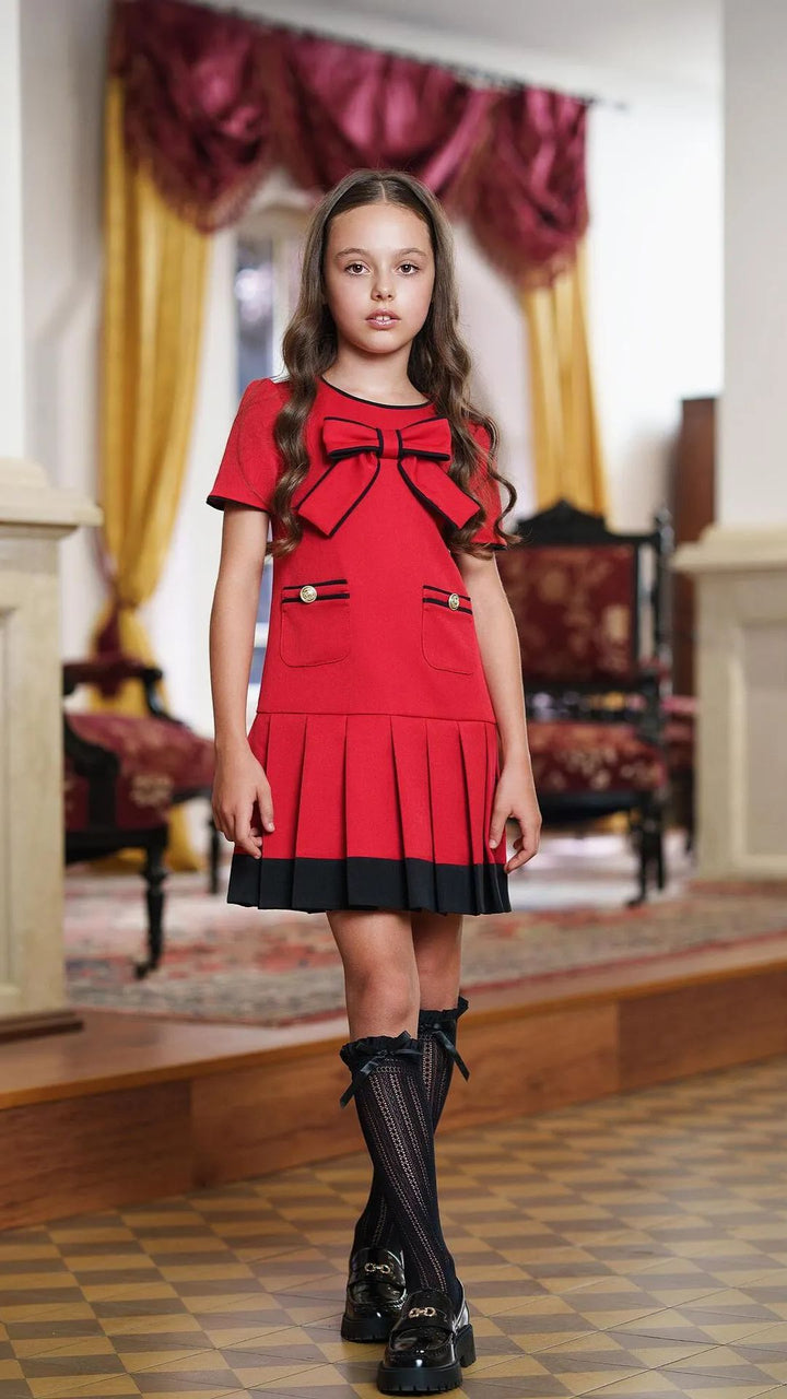 Girls’ Royal Red Dress with Black Trim & Statement Bow
