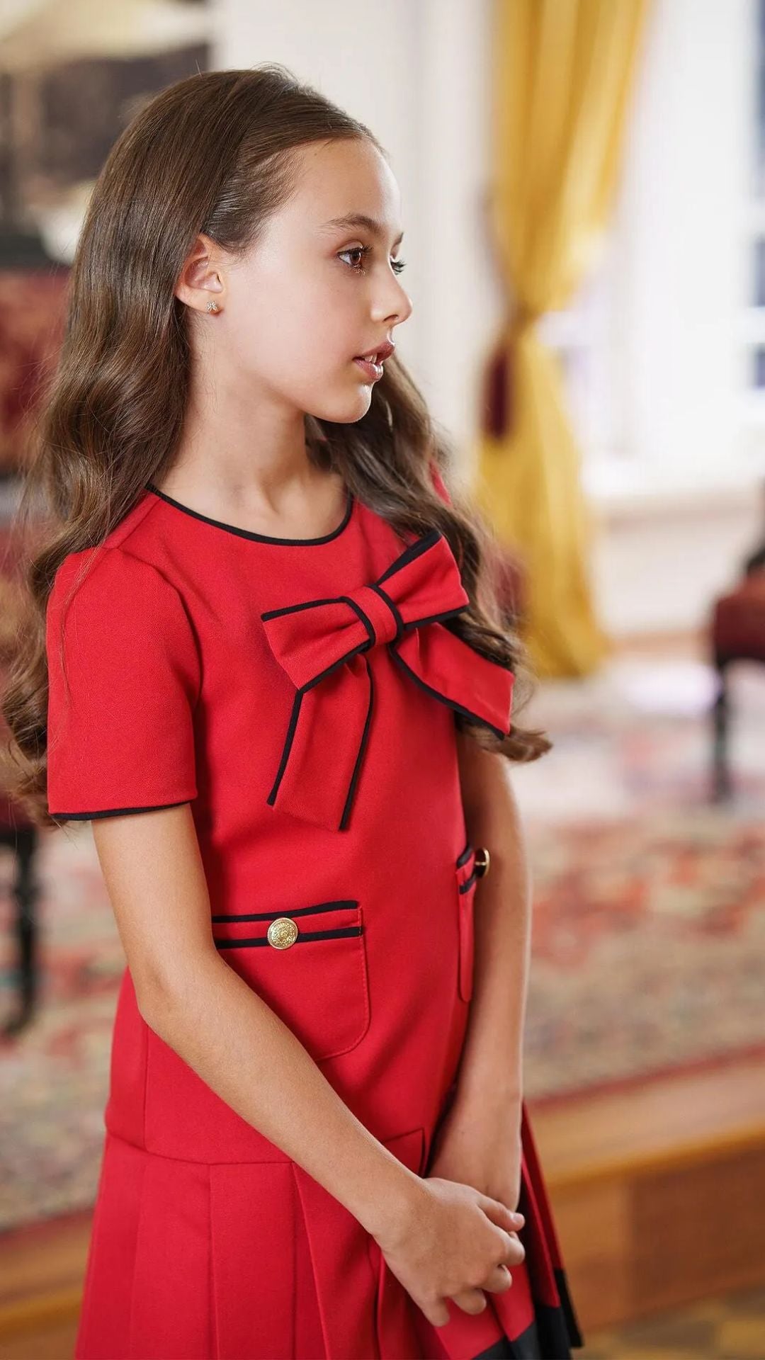 Girls’ Royal Red Dress with Black Trim & Statement Bow