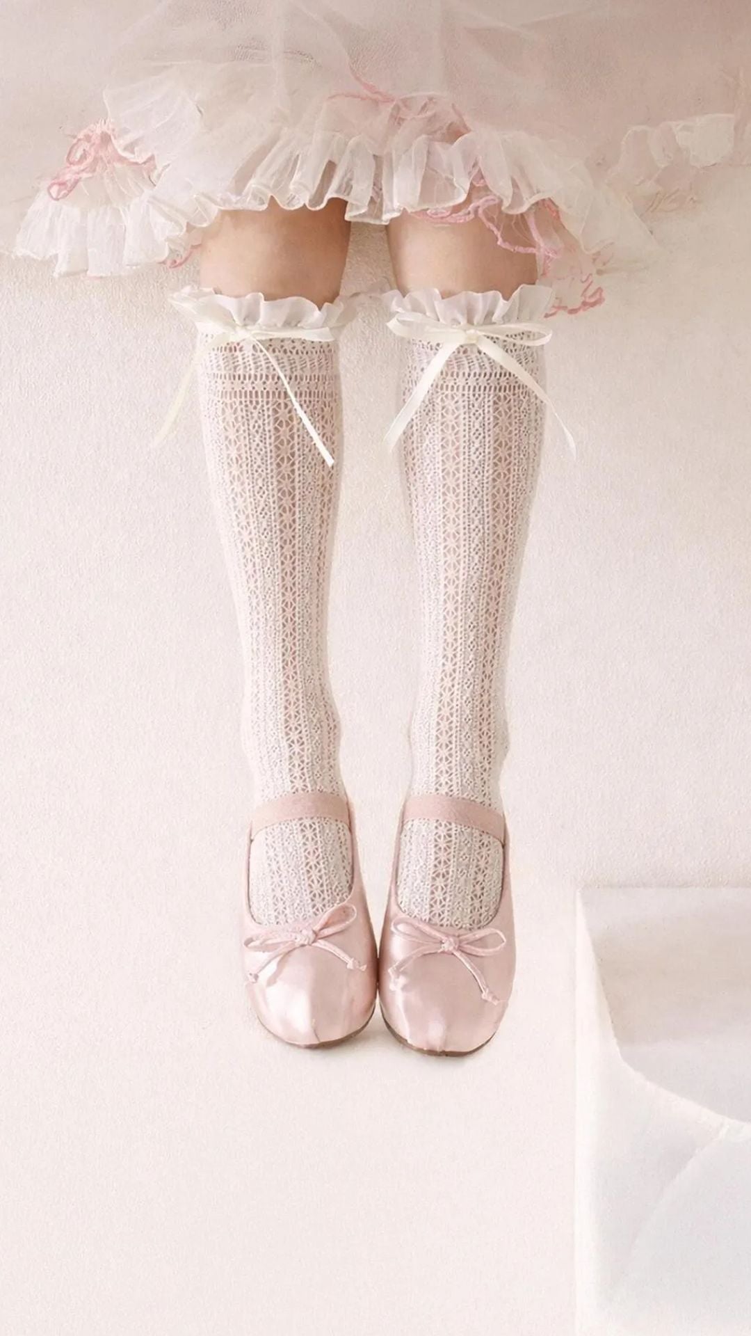 Girls’ Elegant Knee-High Socks with Satin Bow & Ruffles