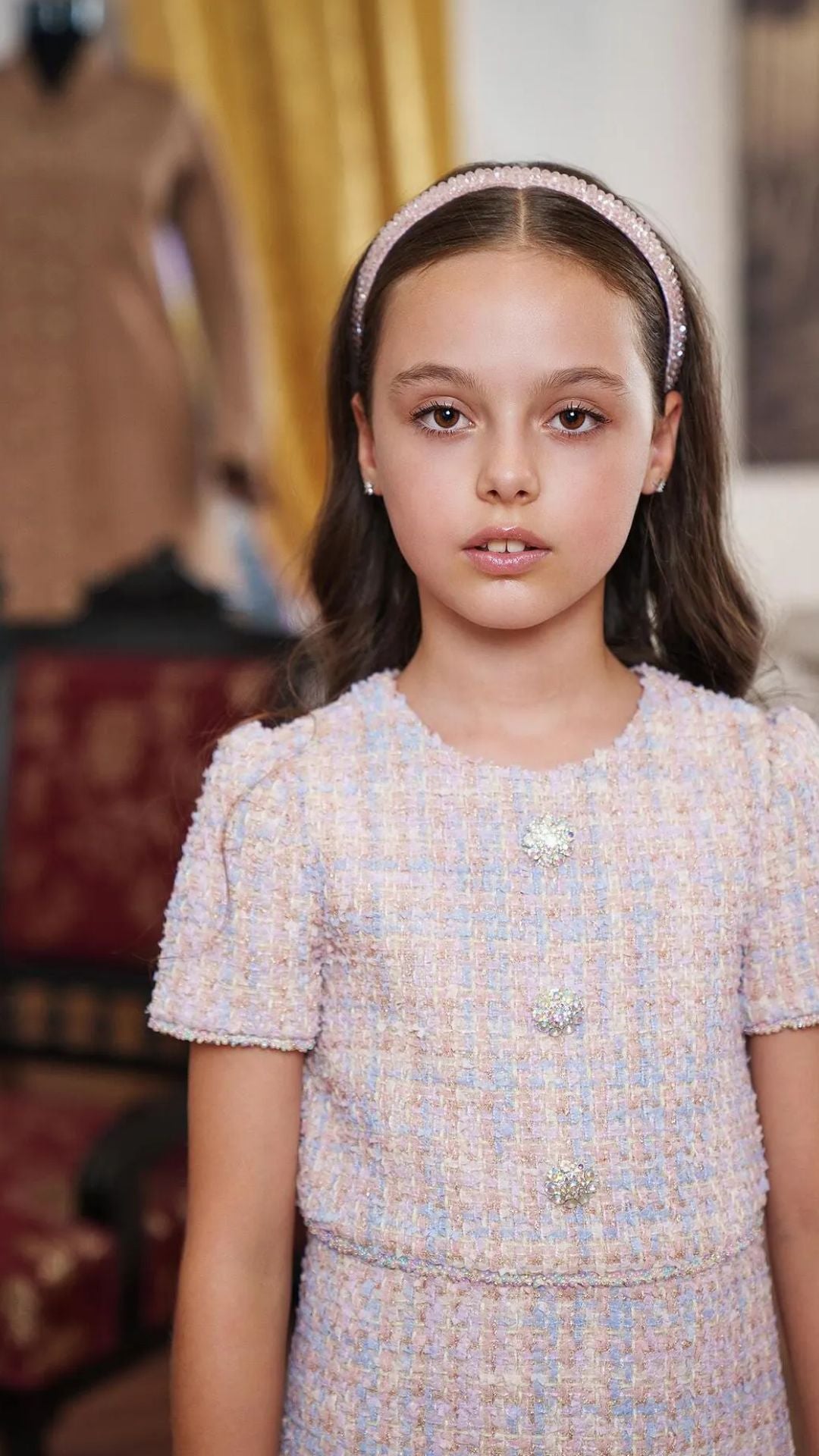 Girls’ Pastel Bouclé Dress with Crystal Buttons