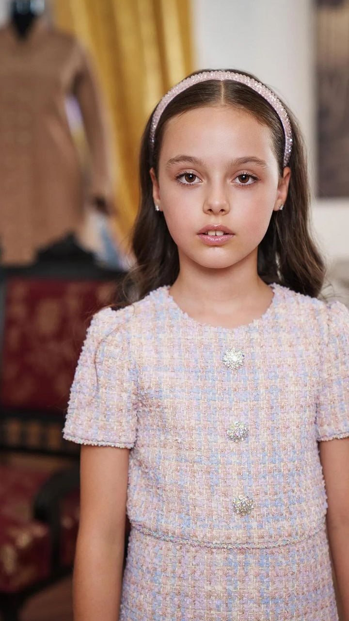 Girls’ Pastel Bouclé Dress with Crystal Buttons