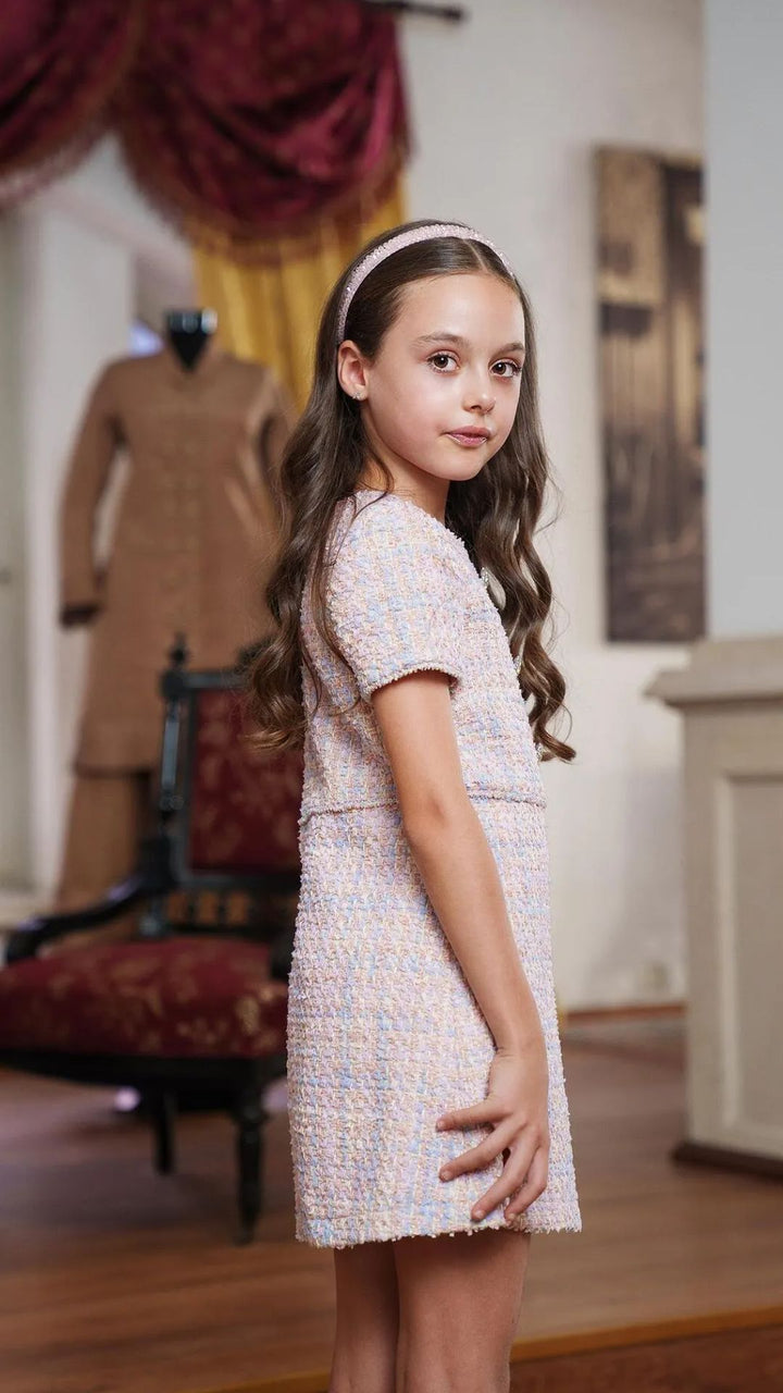 Girls’ Pastel Bouclé Dress with Crystal Buttons