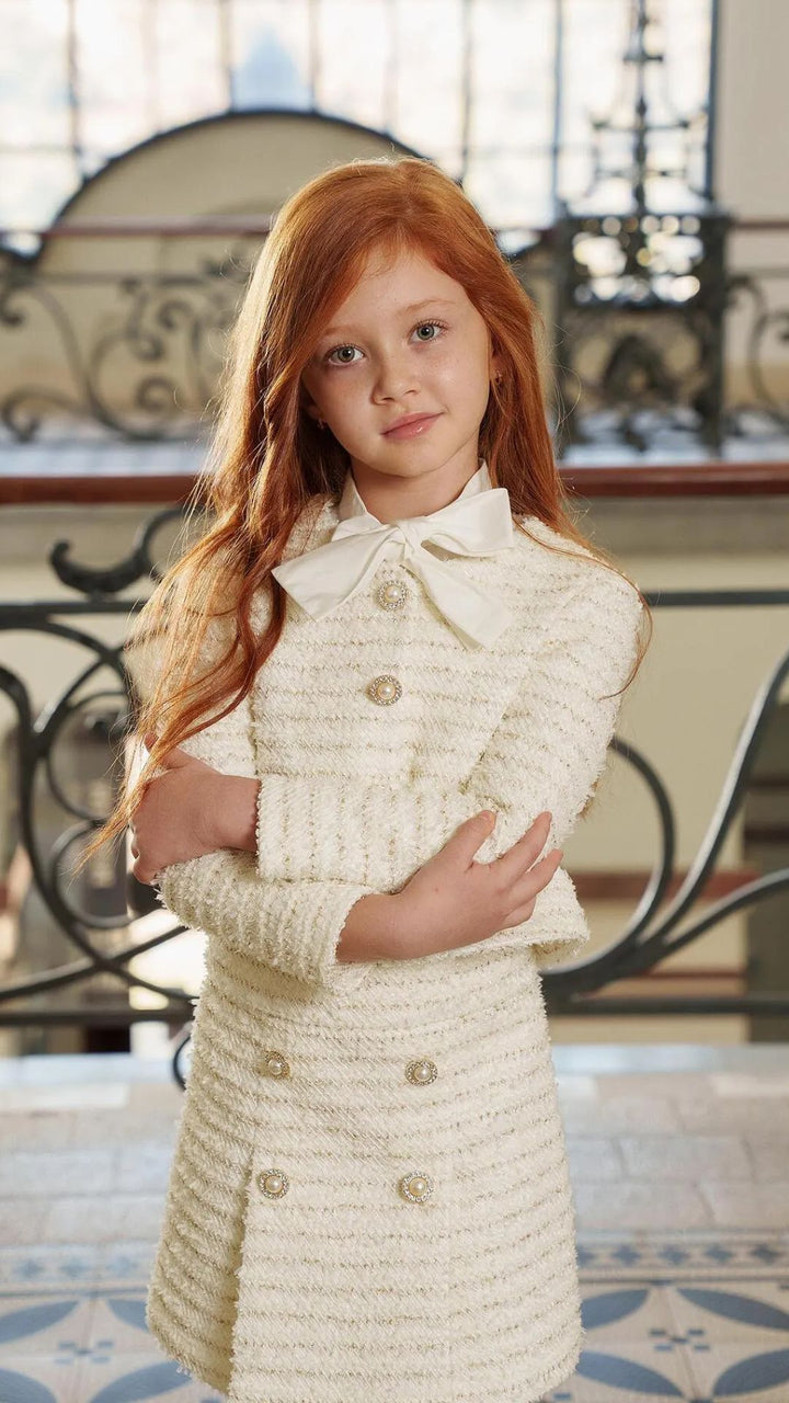 Girls’ Luxury Bouclé Blazer with Gold Threads & Pearl Buttons