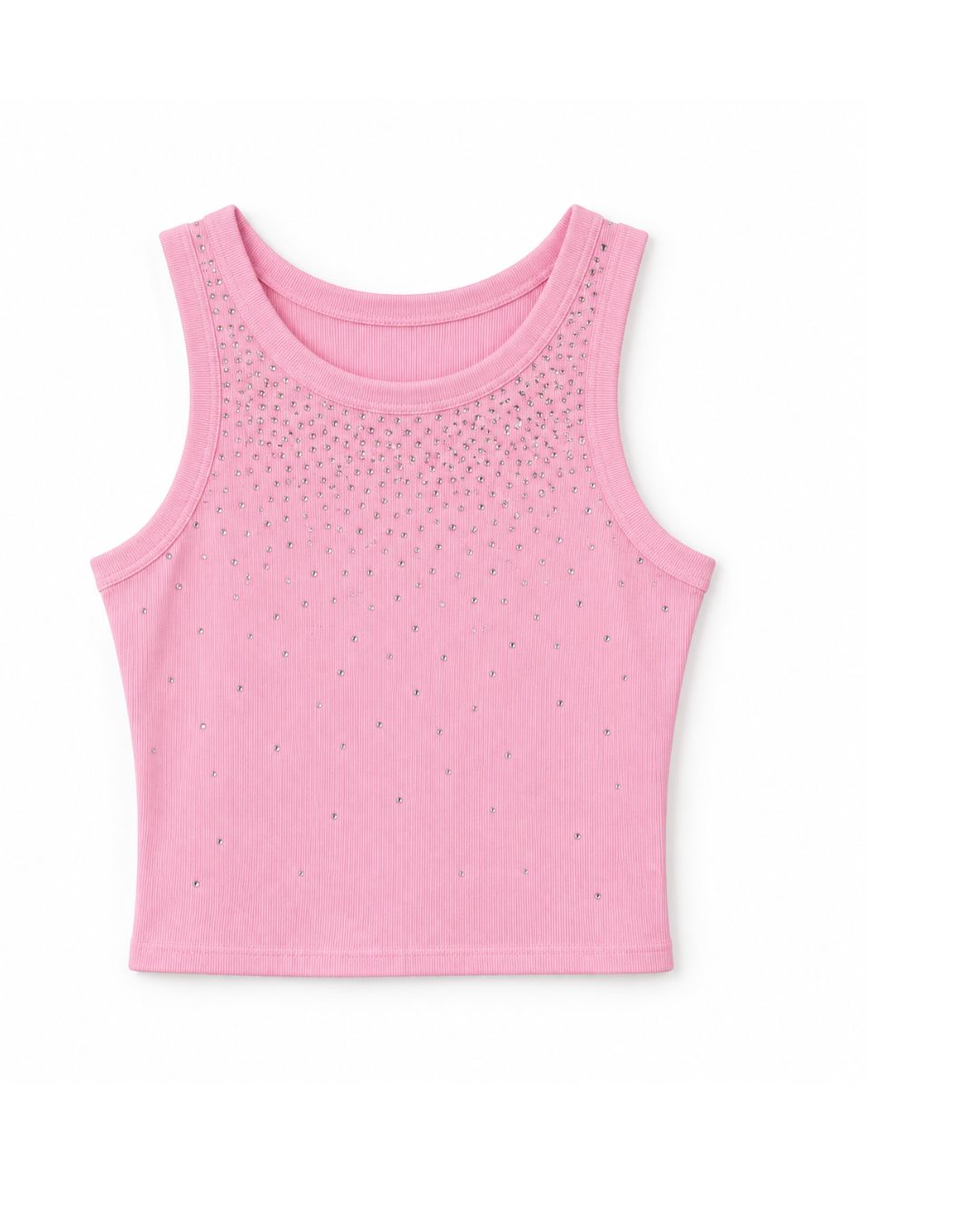 Pink Rhinestone Embellished Ribbed Tank Top