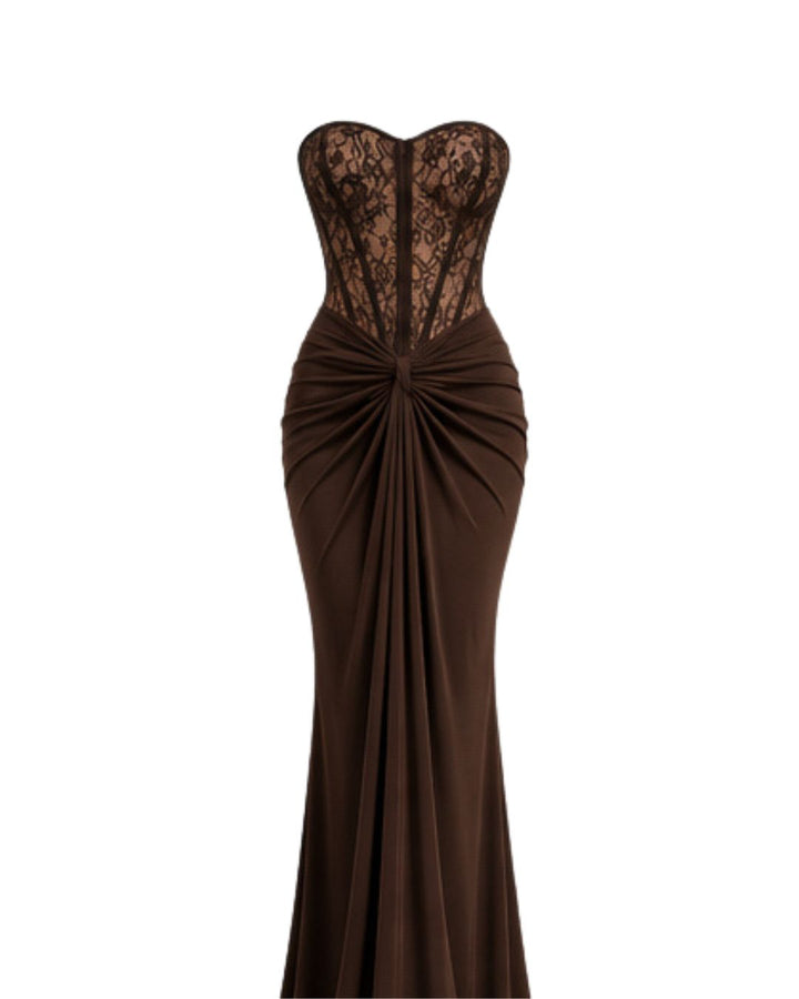 Women’s Chocolate Brown Strapless Lace Corset Maxi Dress with Draped Waist