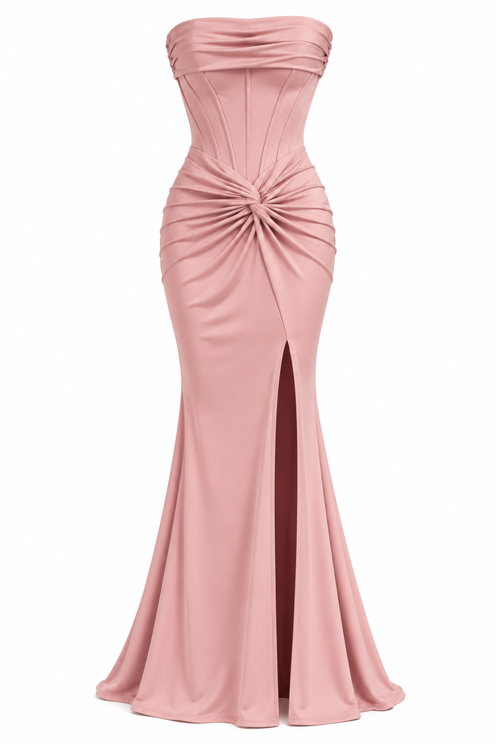 Women’s Blush Pink Strapless Corset Maxi Dress with Draped Waist & Front Slit