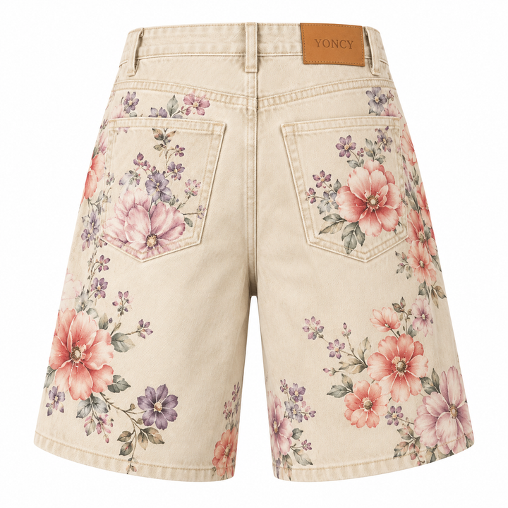 Beige Floral Print Denim Bermuda Shorts