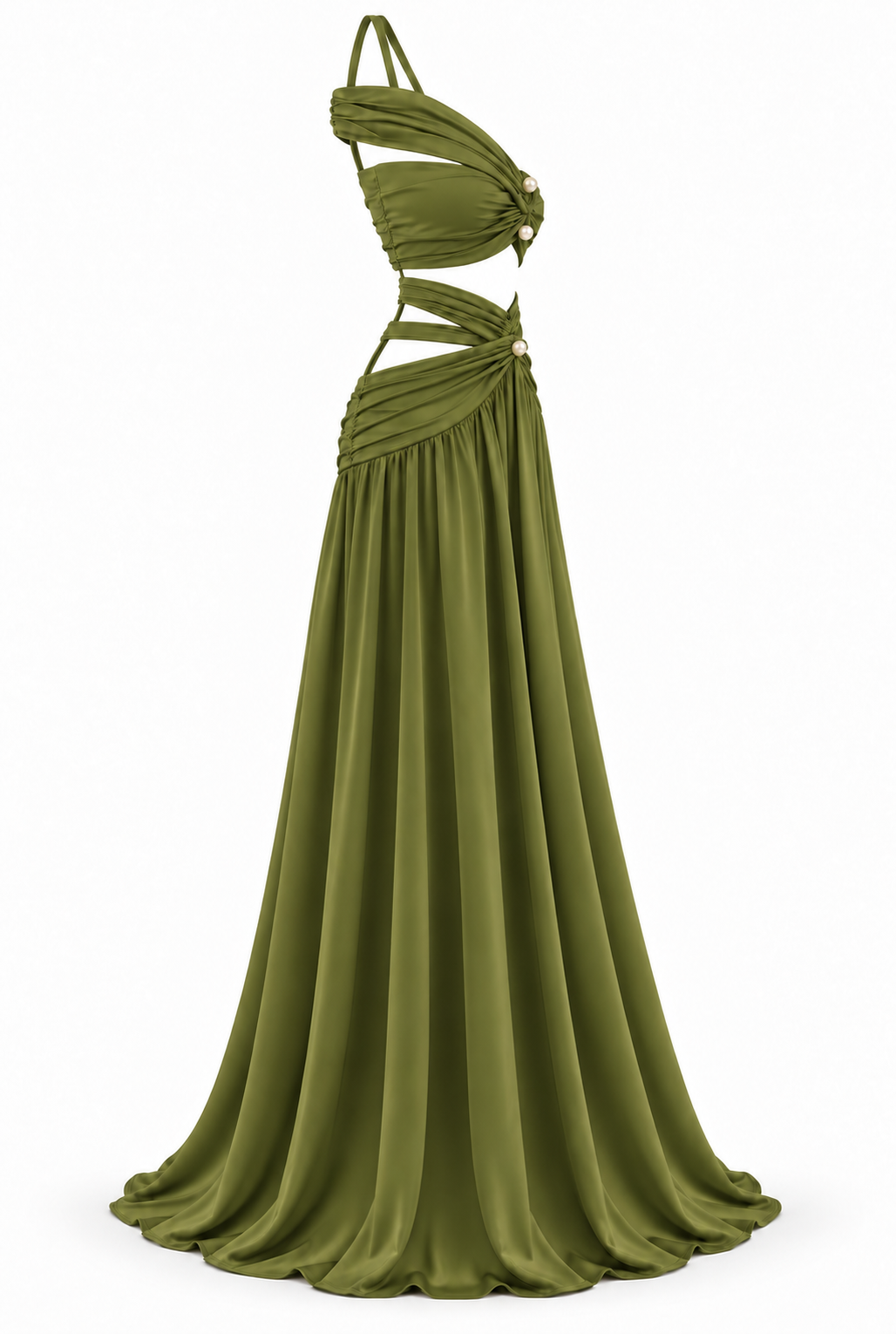 Women's Olive Green Two-Piece Maxi Set with Pearl Details & Draped Design