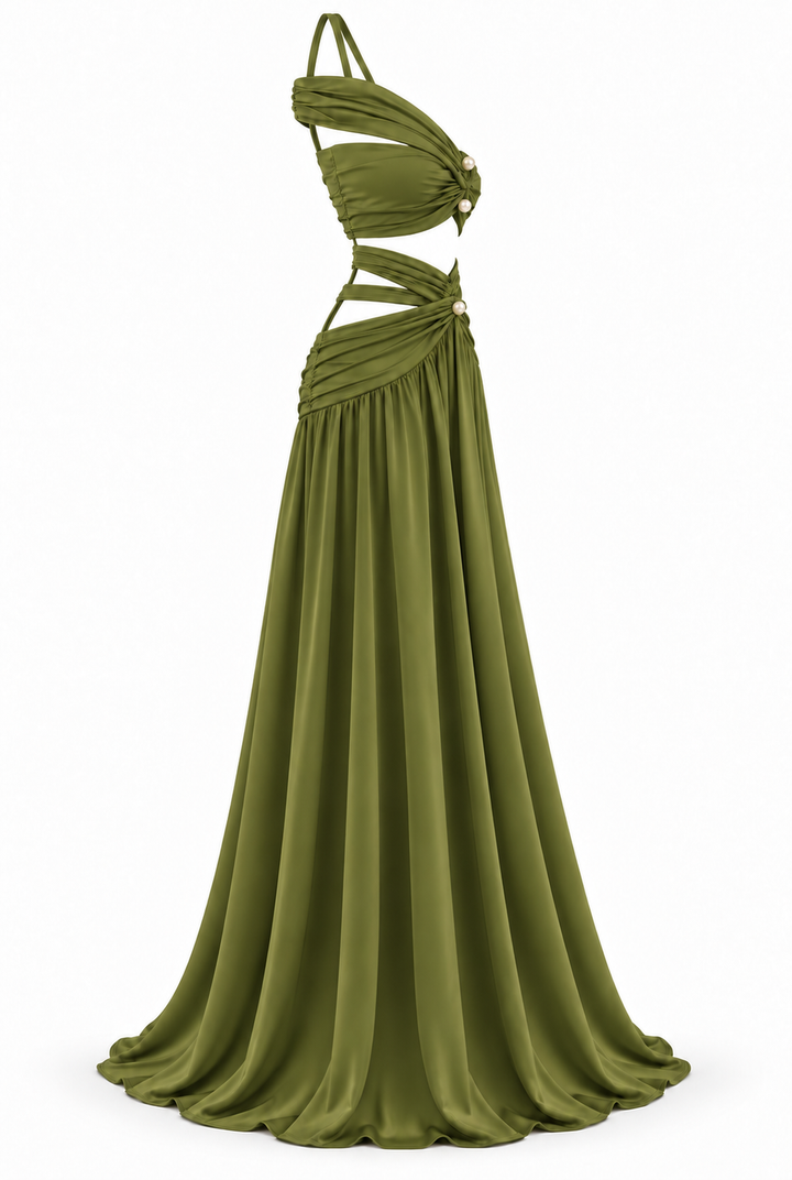 Women's Olive Green Two-Piece Maxi Set with Pearl Details & Draped Design