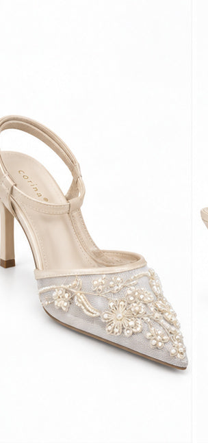 Ivory Pearl Embellished Pointed-Toe Slingback Heels